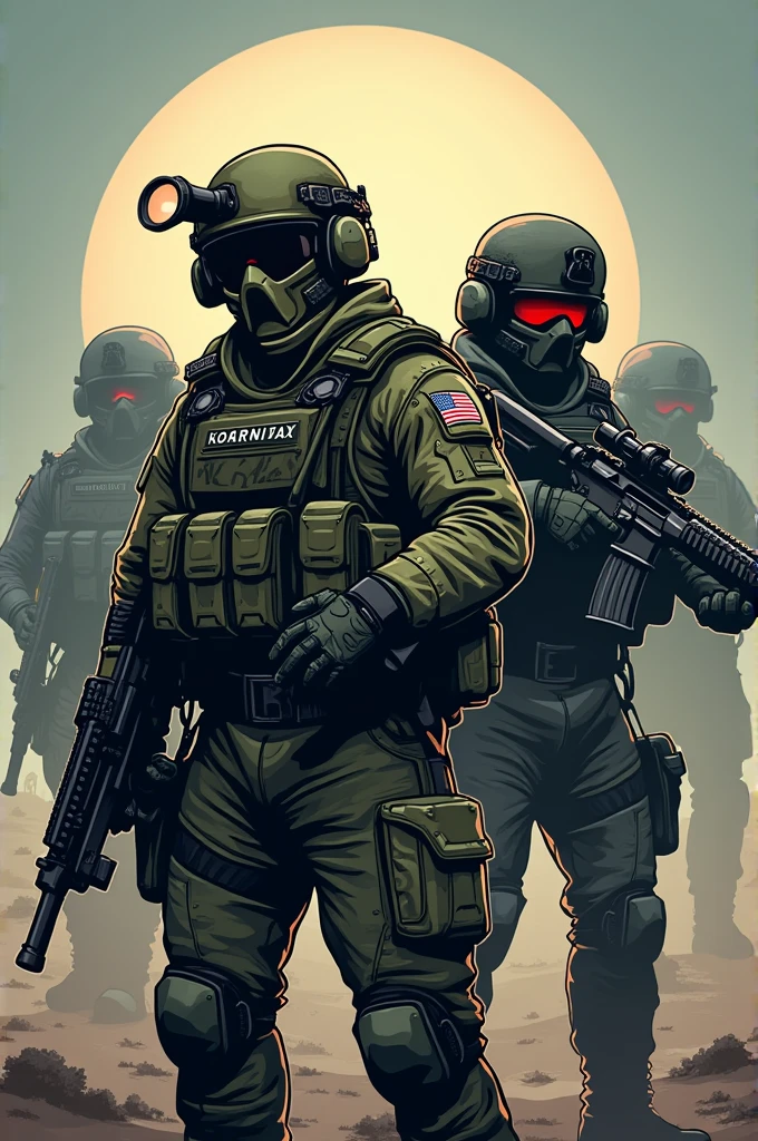 designe cartoonesco: call of duty soldiers with weapons in hand and the logo written "TORMENTAX" in the middle