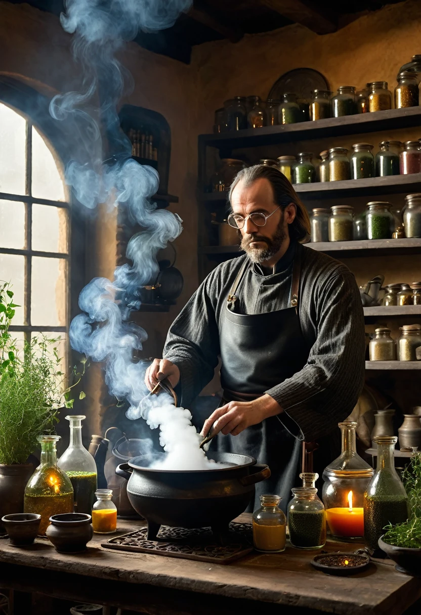 Ancient alchemist, dressed in his regalia, attempts to demonstrate mixing various elements in a cast iron pot; there is smoke from the combination of elements inside the pot; he is in a warmly lit room, surrounded by many glass jars and various herbs that he uses for his potions; the man has an intriguing and expectant look; masterpiece; UHD