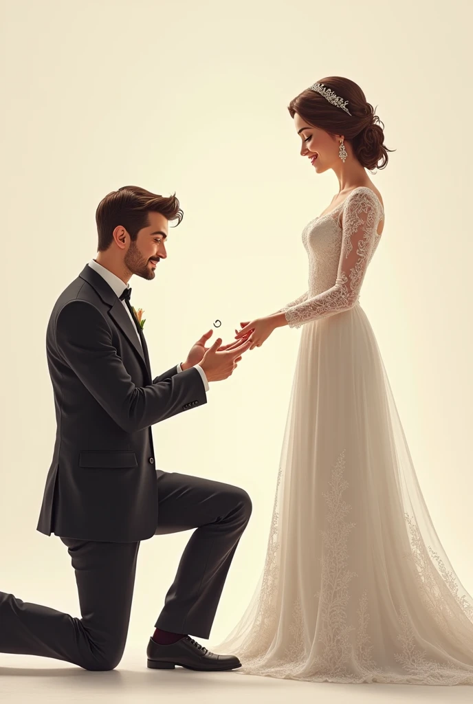 A wedding couple, man kneeling giving ring to woman, woman in long dress, drawning, no back ground, man holding rings 