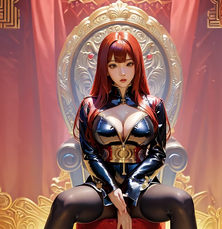 A digitally illustrated image shows an anime girl with red hair wearing a sleek skin-tight shiny black latex bodysuit with a deep-cut zipper neckline revealing a large chest and a silver zipper running down the front. She sits on an ornate, metallic throne. She also wears a leather belt adorned with a golden circle and a wrist guard made of golden sticks. She is holding a gun in her left hand and looks directly at the viewer. The throne and the background are intricately designed, with the throne featuring carvings of flora and fauna and the background showcasing elaborate patterns in blue, pink, and cream, accented with red elements. The setting conveys a blend of modern and futuristic aesthetics.