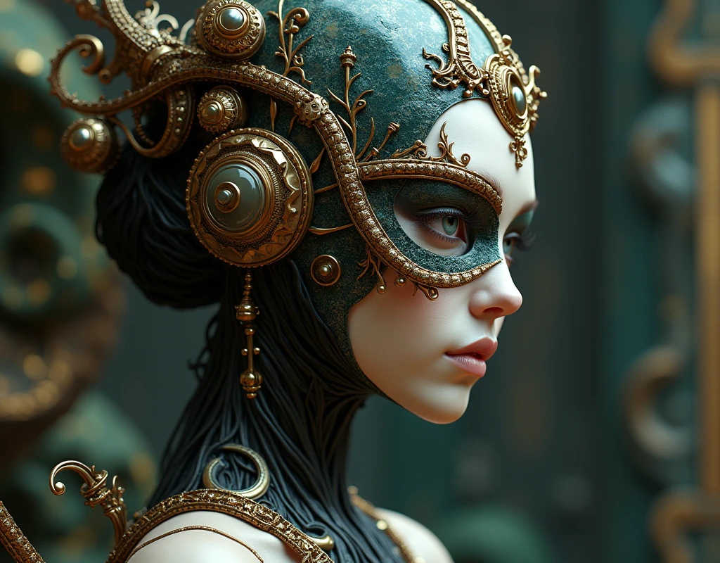 (masterpiece), (great), (Extremely fine), Wallpaper, viewer, Giger, flores, Baroque, octopus, Goddess, ULTRA DEFINED, ultra realistic, 3D model, transparent, Lovecraft, medusa, portrait, Gothico, grotesque, intricate biomechanical details, ceramic, elegant, shout, steampunk, Gothic, Golden, bronze, glass, full mask, Ayami Kojima