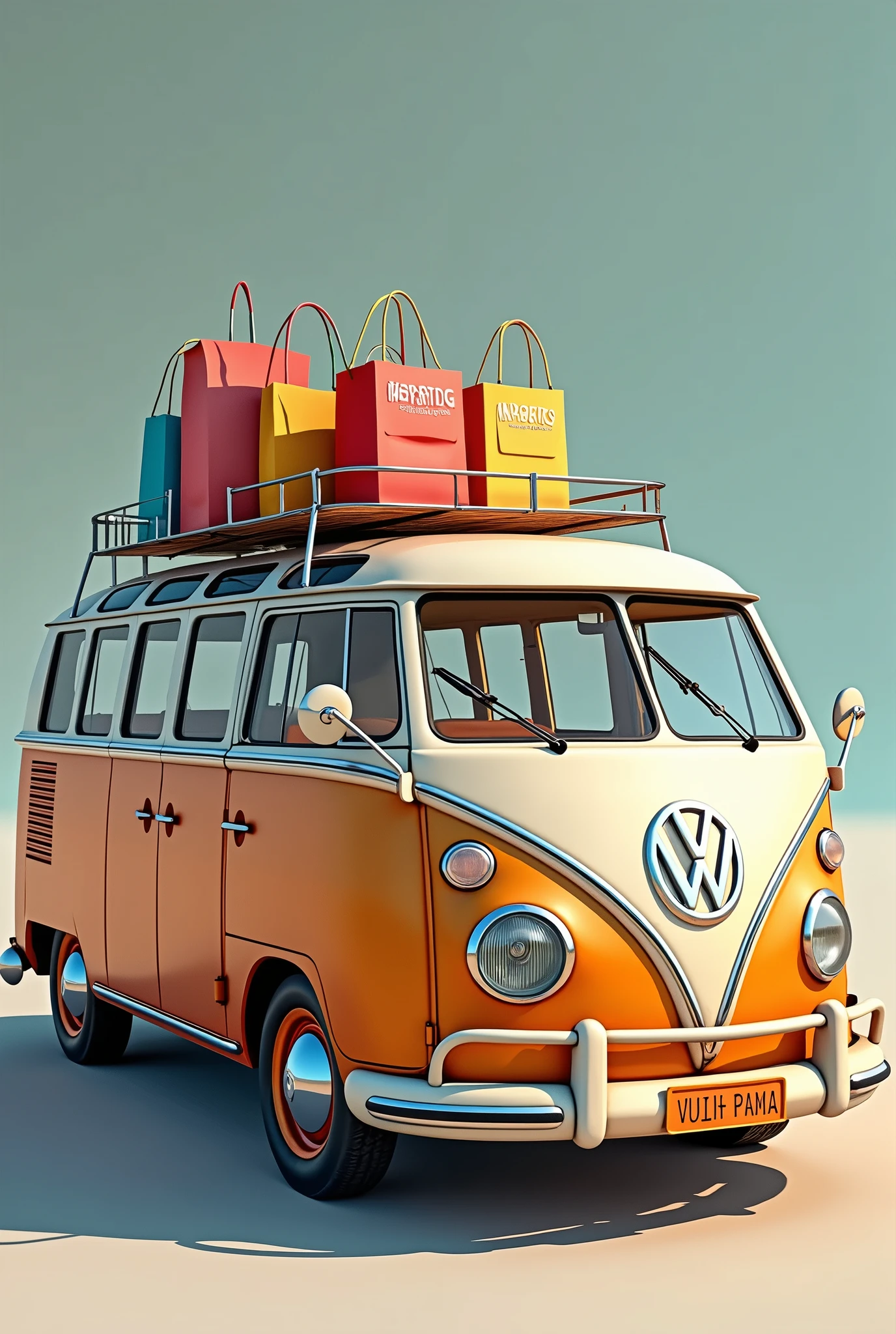(photorealism:1.2), Beautiful Volkswagen wagon painted in colors with shopping bags The bags named the wagon imports & Gifs
