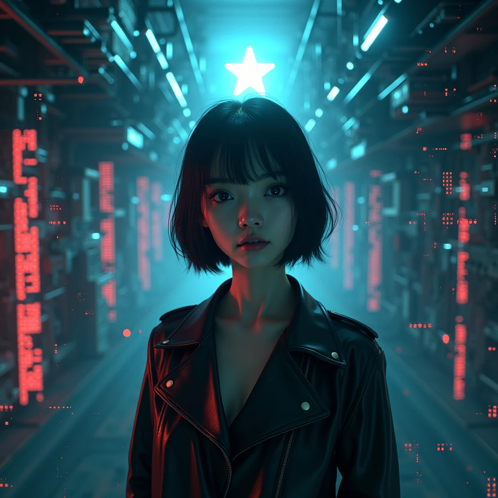 Create an album cover that captures a futuristic, dystopian atmosphere. The image must show an attractive female figure, but clearly artificial, as if it had been created by artificial intelligence. Your expression is cold, almost without emotion, highlighting its non-human nature. She is surrounded by a digitalized environment, with glitch elements, circuits and neon lights. Ao fundo, a star shines brightly, symbolizing the narrator of the song. The color palette should include shades of electric blue, black and metallic gray, with touches of red to create a dramatic contrast. The song title should be displayed in a futuristic font, as if floating on the screen. the female figure must be Asian and have bob hair
