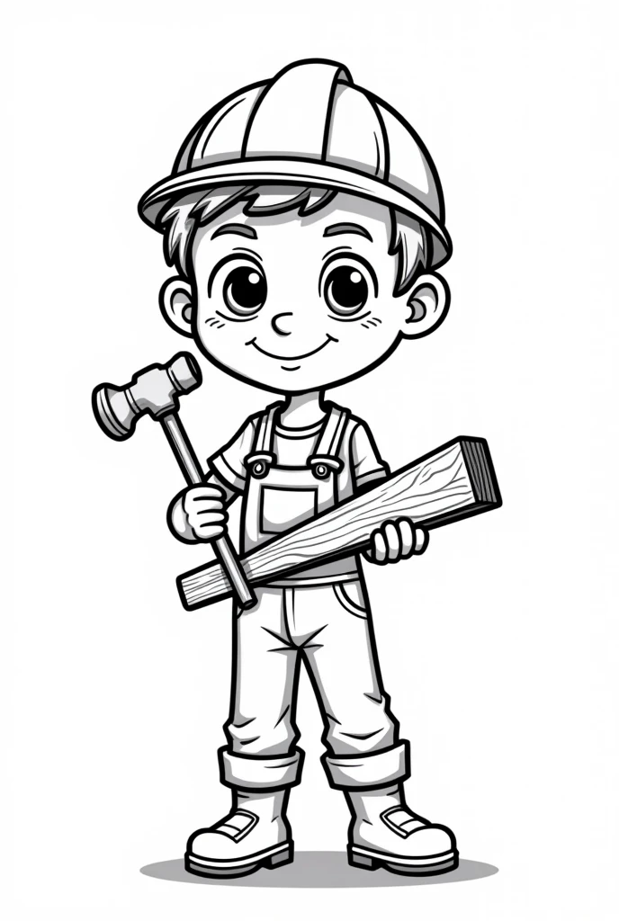 a carpenter boy holding a hammer and wood in his hands, cartoon character, detailed facial features, coloring book style, no background, ready to color