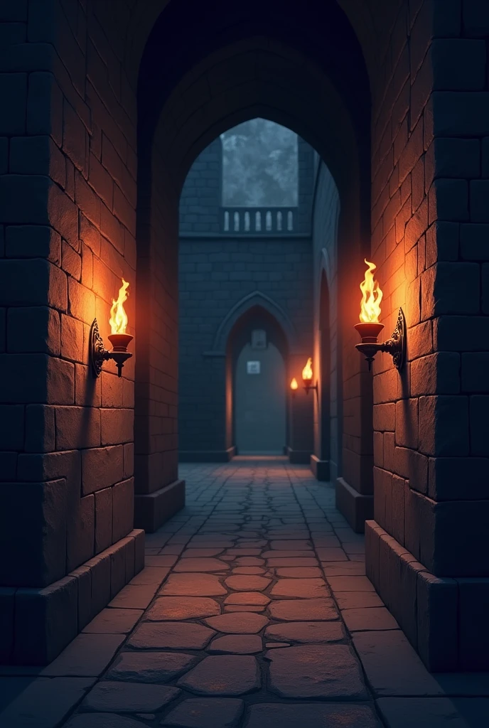 Create a Medieval Castle Corridor with Burning Lanterns Torches Seamless 2D Vector Background