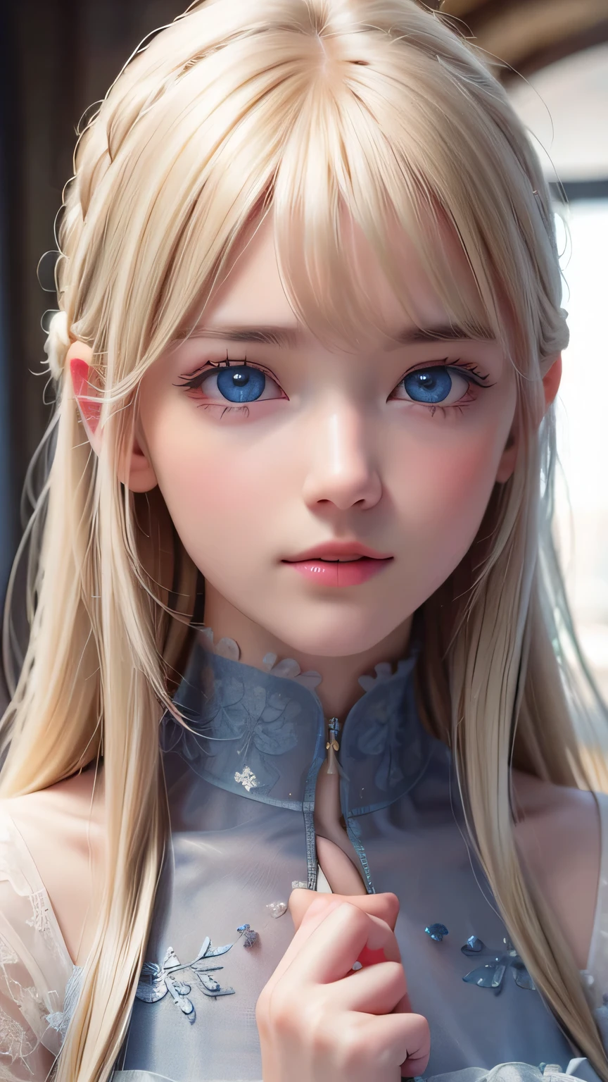 Highest quality、8K masterpiece、Ultra-high resolution、(Realistic:1.3)、RAW Photos、 A beautiful girl with mysteriously shining blonde hair of Nordic descent、Silvery blonde hair、Super long straight hair、Bangs between the eyes、Bangs that fall over the eyes、Bangs over one eye、Bangs between the eyes、Incredibly white, glowing skin、1. Cyberpunk Super Beautiful Soldier、((Ultra-Realistic Details))、Portraiture、Global Illumination、Shadow Realm、Octane Rendering、8k、Ultra Sharp、metals、Cool colors、、Very intricate details、Realistic Light、Trends of the CG Association、Very beautiful big bright blue eyes、Very big eyes、Eyes shining at the camera、Neon Details、Small Face Beauty、Round face、Highlights of cheek luster、eyeliner、Double eyelids
