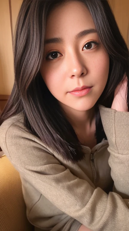 ((Highest quality)), ((masterpiece)), (detailed),Perfect Face,Japanese,Mother,40 years old,Straight medium hair、A loose, lightweight sweatshirt、Close-up photo focusing on upper body、Love Hotel、