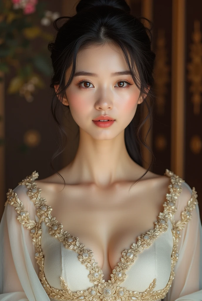 (Chinese girl), (Chinese model),
upper body, Eyebrows are neatly arranged,
The tip of the chin is rounded,
The forehead is wide, the protrusion is rounded, smooth and beautiful leg, queen, Cosplay photo, (huge breast),