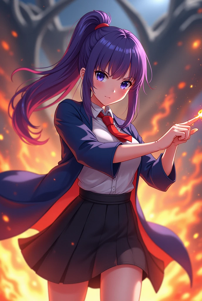 chica del anime magic and muscles, long purple hair,fringe, dark blue eyes, dark blue long robe, red tie, short black skirt, White shirt, hair tied in a ponytail, Controlling fire magic with a magic wand, with a dragon behind, with a mark from the left eye to the jaw in a straight line, with a defiant smile