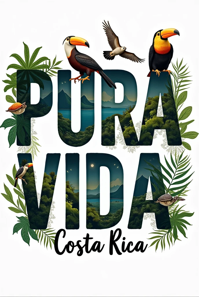 Image to print a shirt that says PURA VIDA but the background of the letter is landscapes and animals representative of Costa Rica and below in a thinner and smaller letter that says Costa Rica( Landscapes and animals must be within the letters that say pure life, They can&#39;t stand out and have to be real)