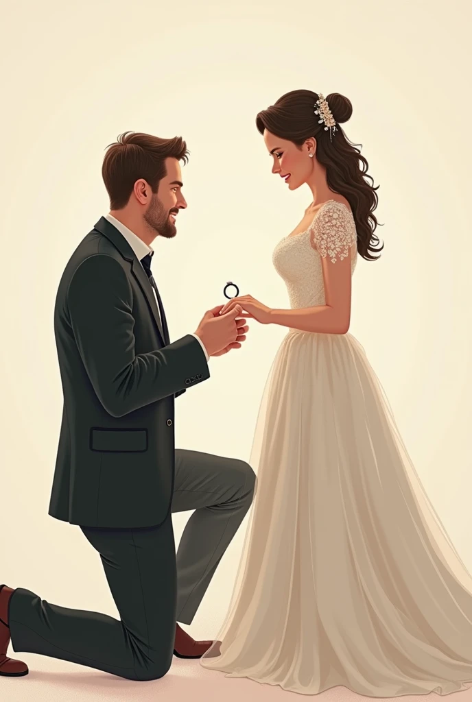 A wedding couple, man kneeling giving ring to woman, woman in long dress, drawning, no back ground, man holding rings