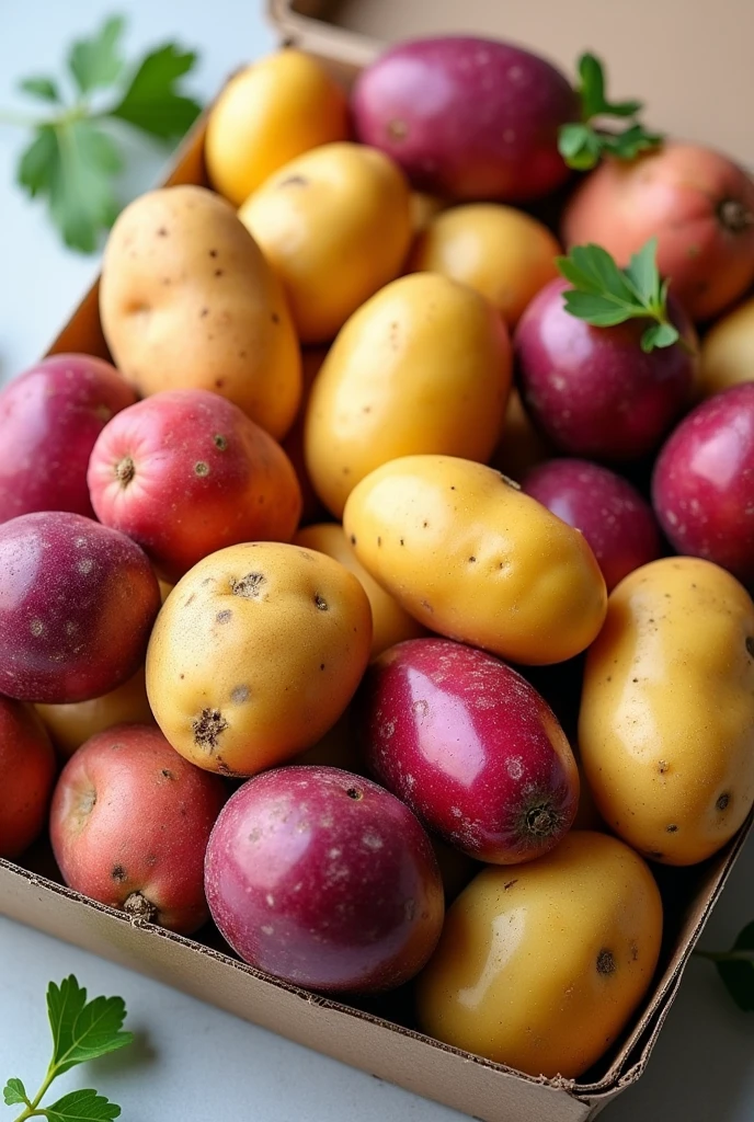 Design me a package of healthy potatoes with many colors that has the name HEALTHY POTATOES