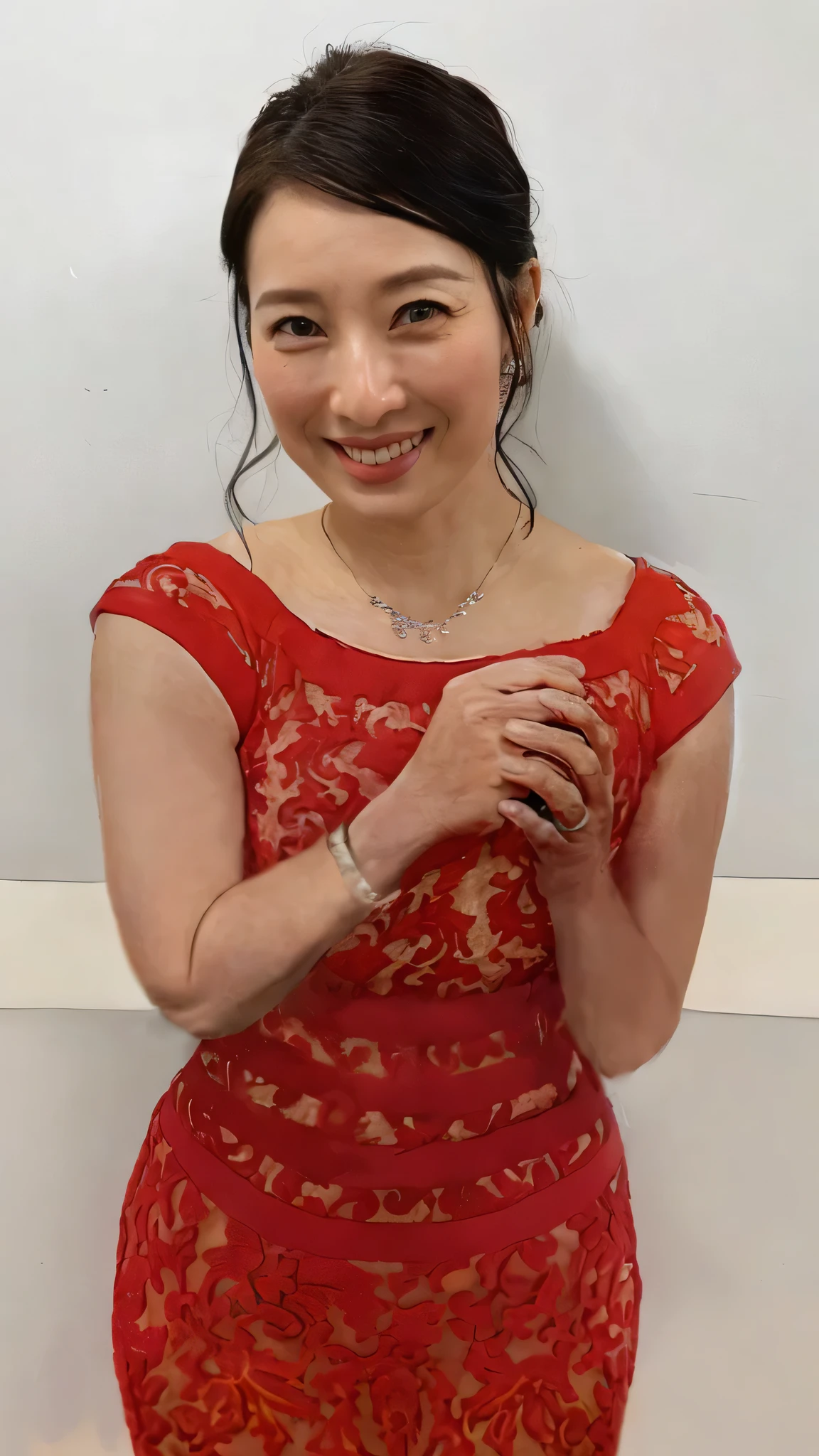 A middle-aged Japanese woman in a red lace see-through dress posing for a photo, Red lace see-through tight dress,Diamond Necklace,bracelet,Wearing a wedding ring,She clasps both hands in front of her chest to emphasize her bust,(16K, ultra highres:1.2),(masterpiece:1.2),(best quality:1.4),(RAW photo:1.2),(realistic, photo realistic:1.3),(ultra detail:1.2),(sharp focus:1.3),detail background,cinematic light,best shadow,attractive,beautiful skin,
