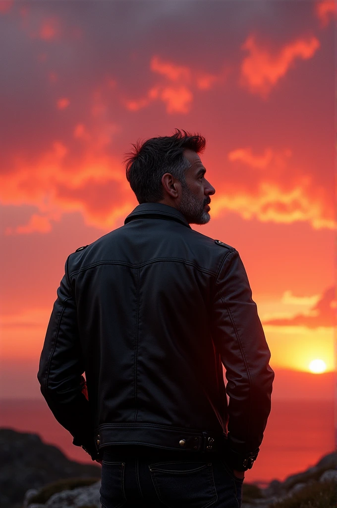 Man looking at the sunset in a black leather jacket 