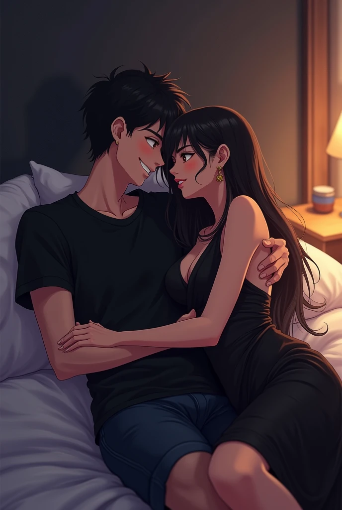 Create an image featuring a 20-year-old anime boy and a girl in a modern, intimate setting. The boy is wearing a black t-shirt, and the girl is dressed in a stylish black saree. They are both lying on a bed, close to each other and boy having a flirty smile and looking mischievously towards the girl, with a sense of romantic tension. The scene should evoke a soft, yet intense connection, with dim, warm lighting and subtle details highlighting their expressions.