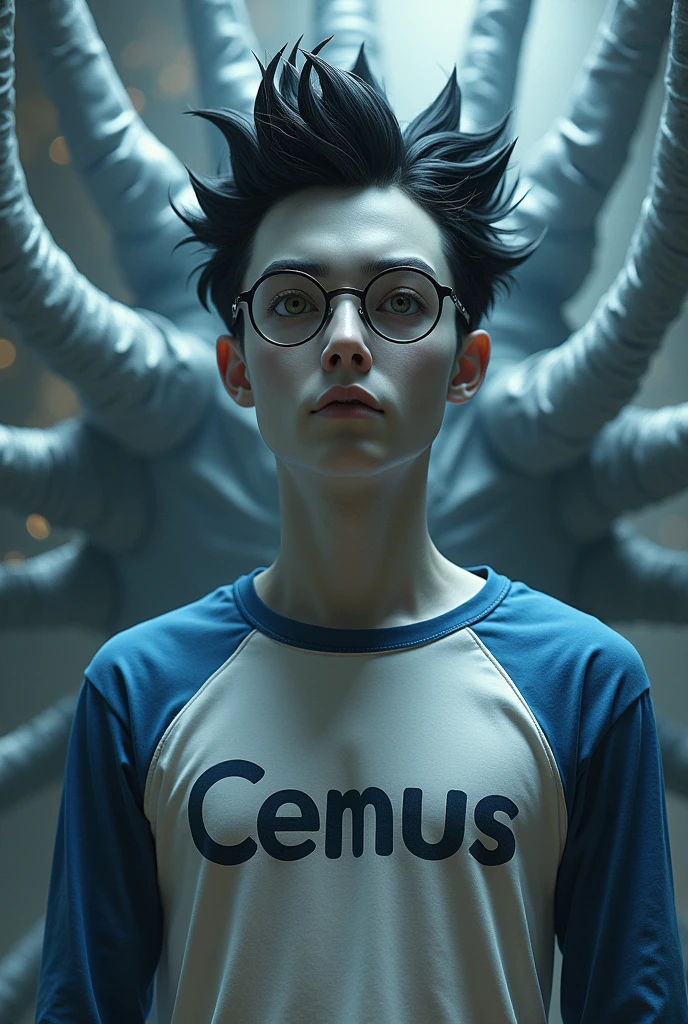 A who wears glasses is white and has spiky hair but not too much and very straight, with white and blue shirt with Cemus written on it/salto sp com o símbolo de salto o mais realisitic possível mais realisitic, mais realisitic, mais realisitic, mil vezes mais realisitic, like real life, e o cabelo menos arrepiado cabelo preto e mais realisitic, realisitic,realisitic, realisitic menos idade e com cinco cabeças e três mil braços destruídor de mundos no espaço ele é muito feio