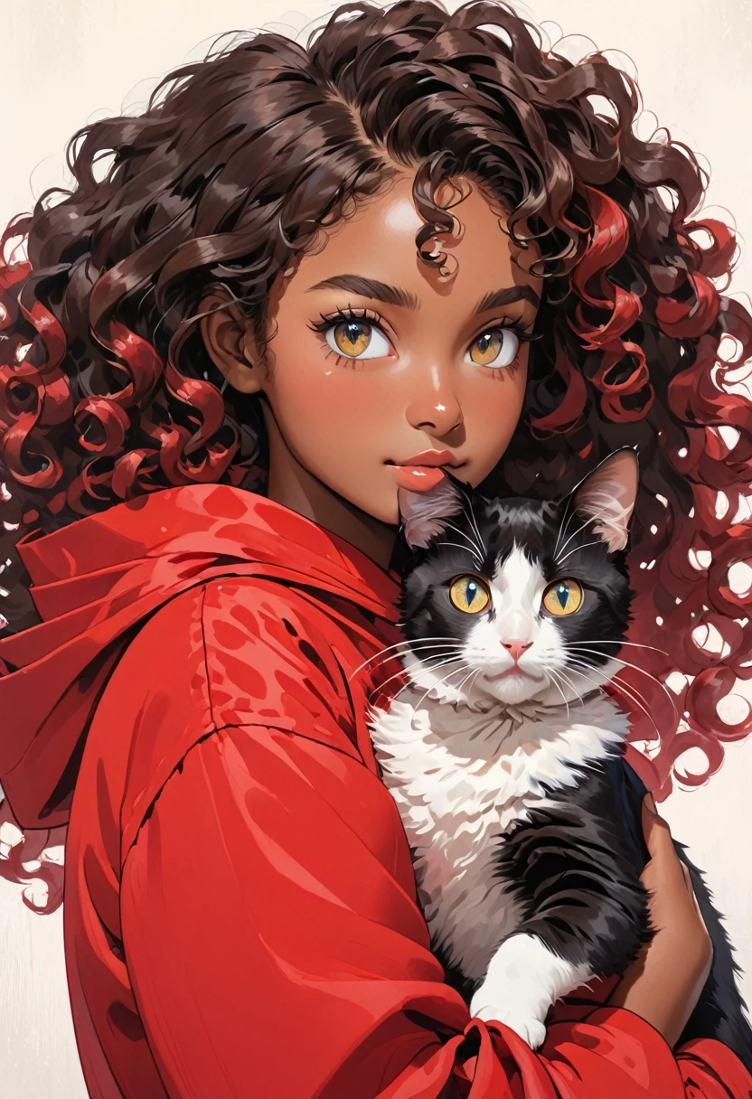 A young black-skinned woman with curly hair with eyes in a red outfit holding a cat in her arms