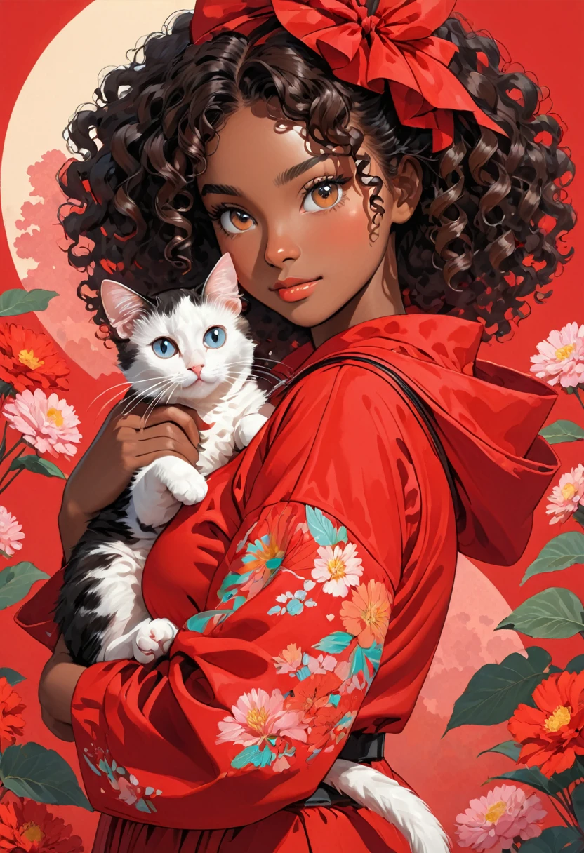 A young black-skinned woman with curly hair with eyes in a red outfit holding a cat in her arms