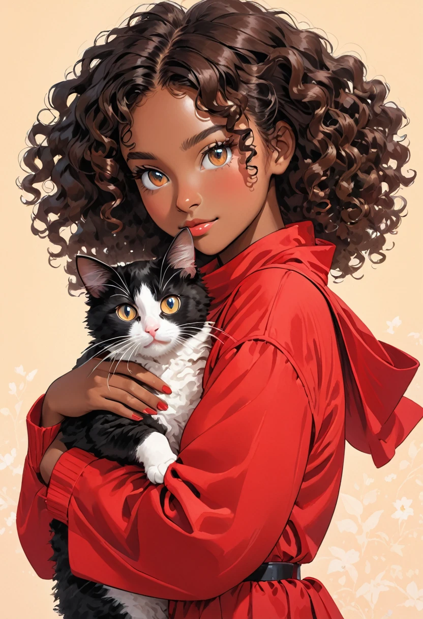 A young black-skinned woman with curly hair with eyes in a red outfit holding a cat in her arms