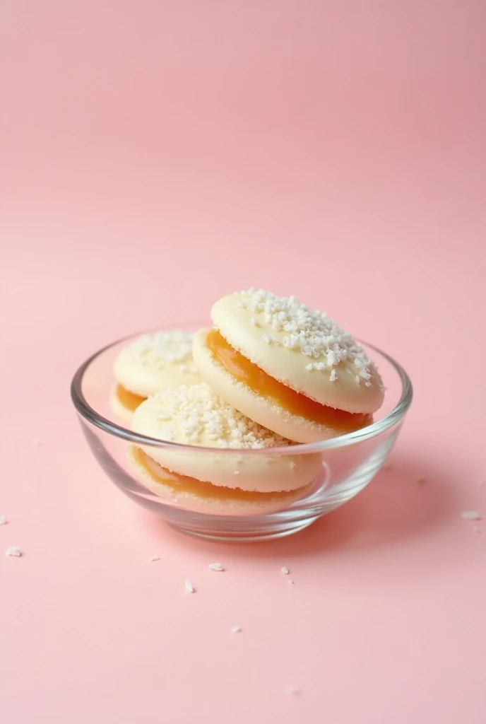 White cornstarch alfajores filled with arequipe and grated coconut placed in a transparent bowl with a pink side 