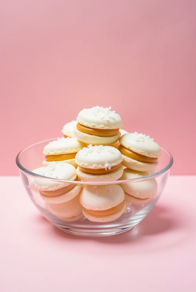 White cornstarch alfajores filled with arequipe and grated coconut placed in a transparent bowl with a pink side 