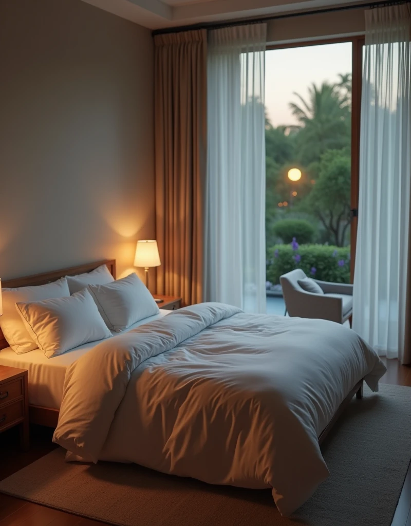 A cinematic shot pans over a serene bedroom with a minimalist design. The room features a large, plush king-sized bed with a white comforter and pillows. Soft, warm lighting comes from a pair of bedside lamps. A gentle breeze rustles the sheer white curtains at the open window, through which a view of a moonlit garden is visible. A calming sound of crickets and distant water flowing can be heard.