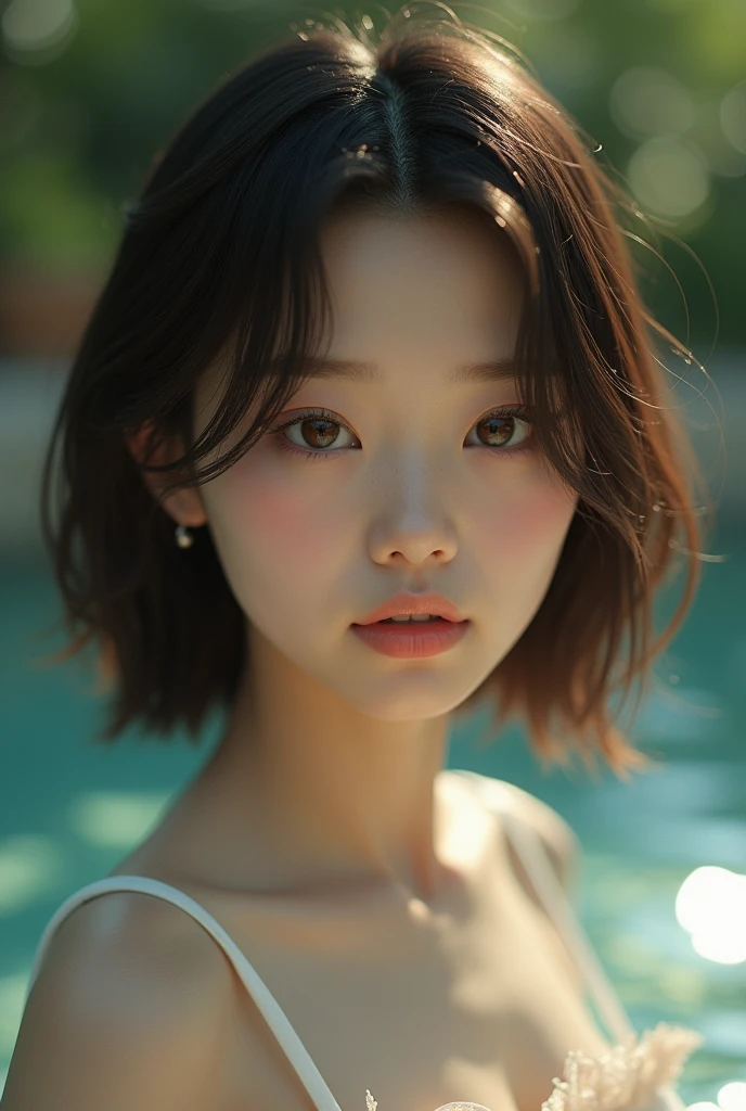 highest quality, RAW Photos, Realistic, face, Incredibly beautiful girl, cute, Long Hair,ponytail,Glasses,Written boundary depth, High resolution, Super detailed, detailed, Very detaileded, extremely detaileded eye and face, Sharp pupils, Realistic students, Sharp focus, Cinema Lighting, Japanese, Short women, Physical build, Short arms, Long, narrow eyes, Fleeting atmosphere, , Brown bob hair, ((thin lips)), White top and bottom underwear, Masterpiece, highest quality, Detailed skin, Detailed face, Fine grain, 8k, Excellent anatomy, Upper body portrait,flat breasts, small breasts, small,( small bust: 1.2), small bust, (slim, small, flat, small), thin, Delicate and sexy collarbone, One Girl, (Beautiful girl, Delicate girl:1.3), (:1.3),
BREAK, (One piece swimsuit, Swimsuit:1.2),
BREAK, (Pool:1.3),
BREAK, Very beautiful eyes, (Symmetrical eyes:1.3),
BREAK, Small Chest, Brown eyes, Parted bangs, Brown Hair, (Upper teeth, The best smile:0.2),
BREAK, (Eyes and face detail:1.0),
BREAK, (masterpiece, highest quality, Super detailed, Detailed face, 8k)