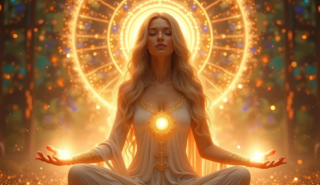 woman meditating being enlightened, goddess of light, blonder woman, hands full of light, hands illuminating the environment, hands blessing the environment, in the background a colorful mandala, golden background, magical environment full of glitter