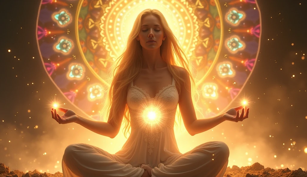 woman meditating being enlightened, goddess of light, blonder woman, hands full of light, hands illuminating the environment, hands blessing the environment, in the background a colorful mandala, golden background, magical environment full of glitter