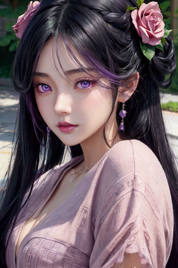 Gorgeous anime woman with long black hair,, purple eyes,, fair skin and rose colored lips. Casual clothing. , Realism style. 4K anime close up portrait.