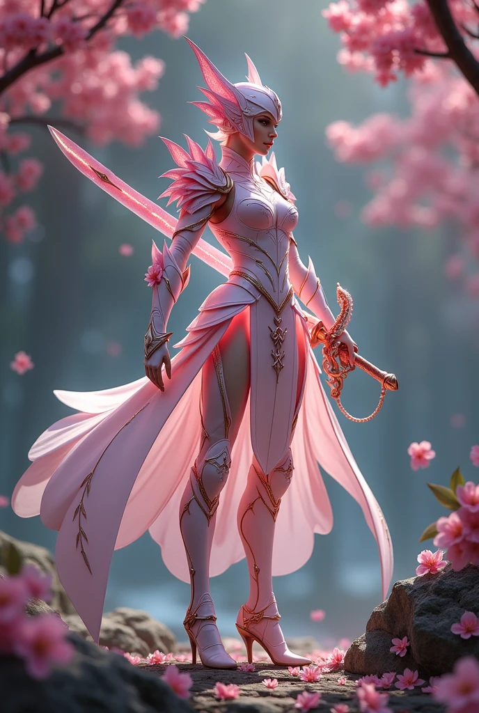 Sakurianas Warrior with the Sakura SwordThe tall, elegant warrior from the Sakurianas species is a vision of grace and power. She wears a unique armor made from a material that appears as delicate as Sakura petals but is 100 times stronger than diamond. The armor has a shimmering pink and white color scheme, resembling the natural hues of cherry blossoms. Intricate patterns of blooming Sakura flowers adorn the chest plate and shoulder guards, giving the armor an organic and fluid appearance. Her helmet, with a visor shaped like overlapping petals, completes the look, fitting perfectly to her form. Glowing pink veins of energy run through the armor, reflecting the regenerative and powerful nature of the wearer.In the warrior's hand is the Sakura Sword. This sword features a long, slightly curved blade forged from a pink metallic material that softly glows with a delicate aura. The blade is engraved with subtle designs of Sakura branches, which shimmer in shades of pink and gold as light hits it. The hilt is wrapped in pearl-white leather, adorned with rose gold accents, and at the base of the hilt, a small Sakura flower carved from rose quartz adds a final touch of elegance. The minimalist guard of the sword, decorated with small pink crystals, echoes the delicate branches of a cherry blossom tree.