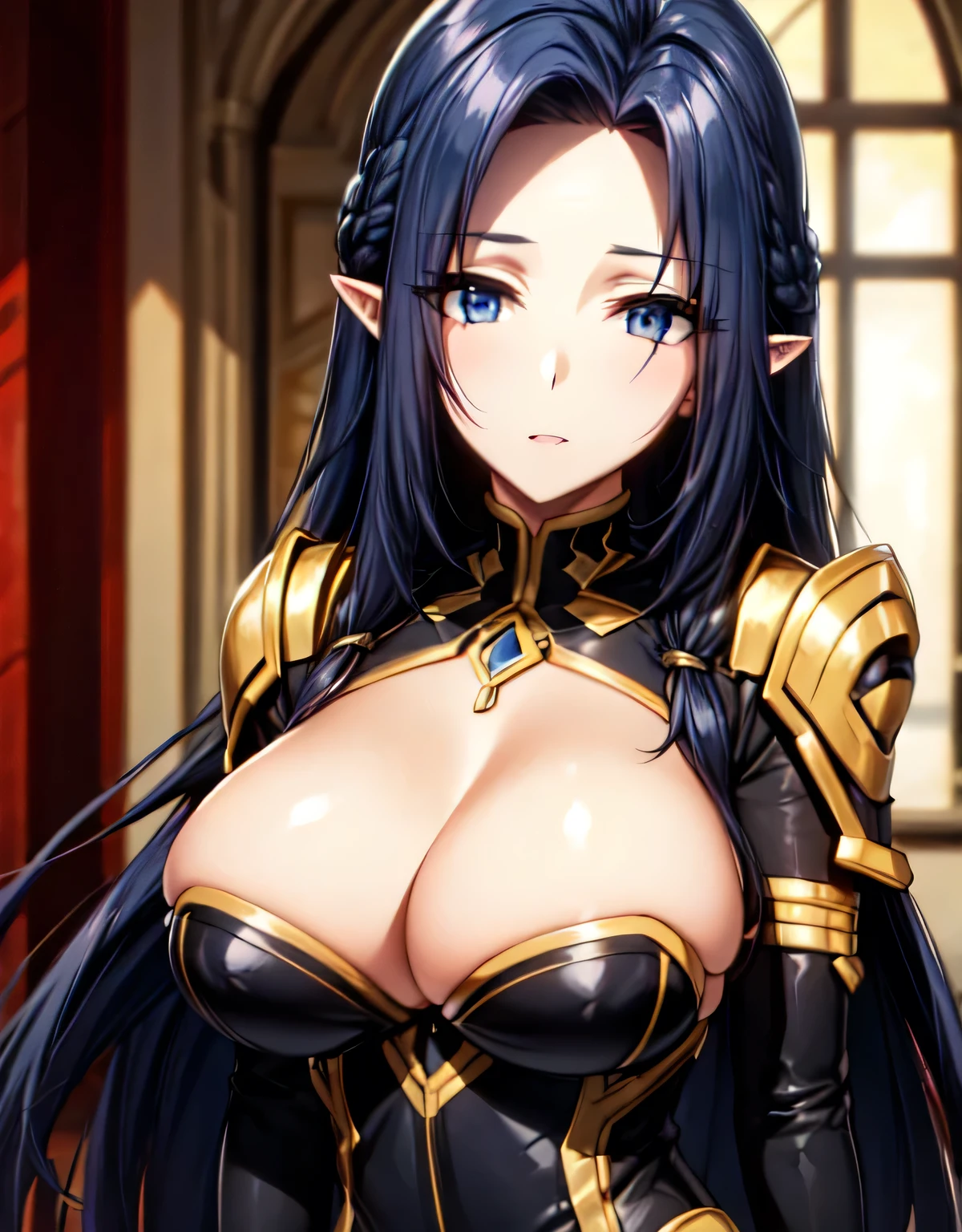 (large breasts:1.55),(shiny,hair),((solo)),((masterpiece)),((best quality)),perfect anatomy,slim waist,perfect image,8k UHD,(beautiful detailed eyes:1.5),extremely detailed face,standing,(upper body:1.25),(look at the front:1.5),arms behindback,ultra-detailed,absurdres,highres,shiny skin,(gorgeous indoor hall),official art,Black and Gold outfit,deep cleavage,pointy ears,(Dark Blue hair),(Dark Blue Eyes),gamma,black dress,bodysuit,Black and Gold bodysuit,frill,necklace,(forehead:1.1),