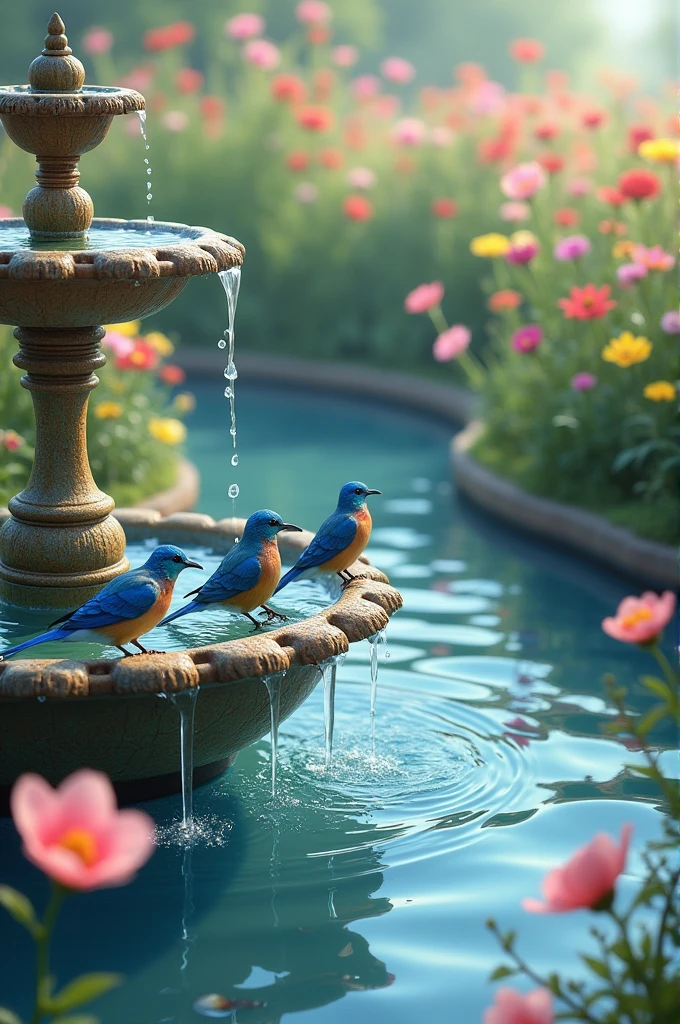 Water fountain with blue birds bathing in the background a flower field