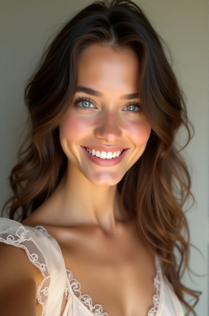 Beautiful brunette, who wears a belle robe (22 ans, visage innocent, naturally wavy hair, blue eye),
((Selfie on the skin du corps, a happy one)) best quality, ultra-detail.