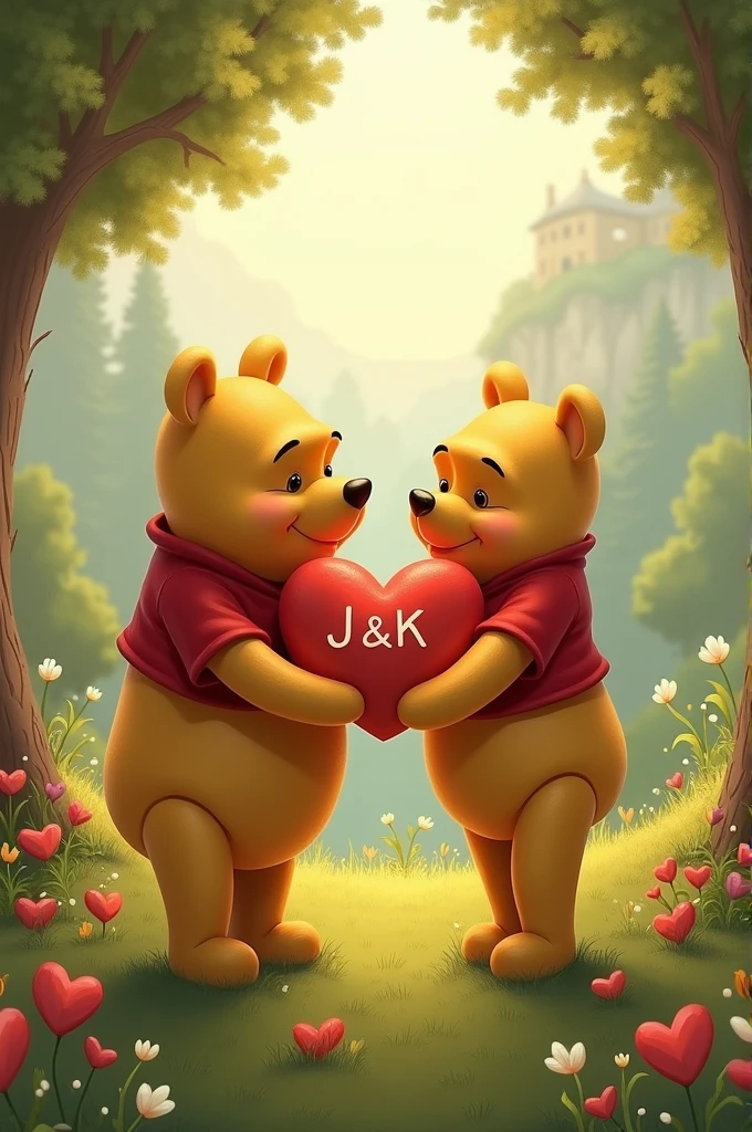 Winnie the Pooh and I hold a heart in their hands. It says J & K