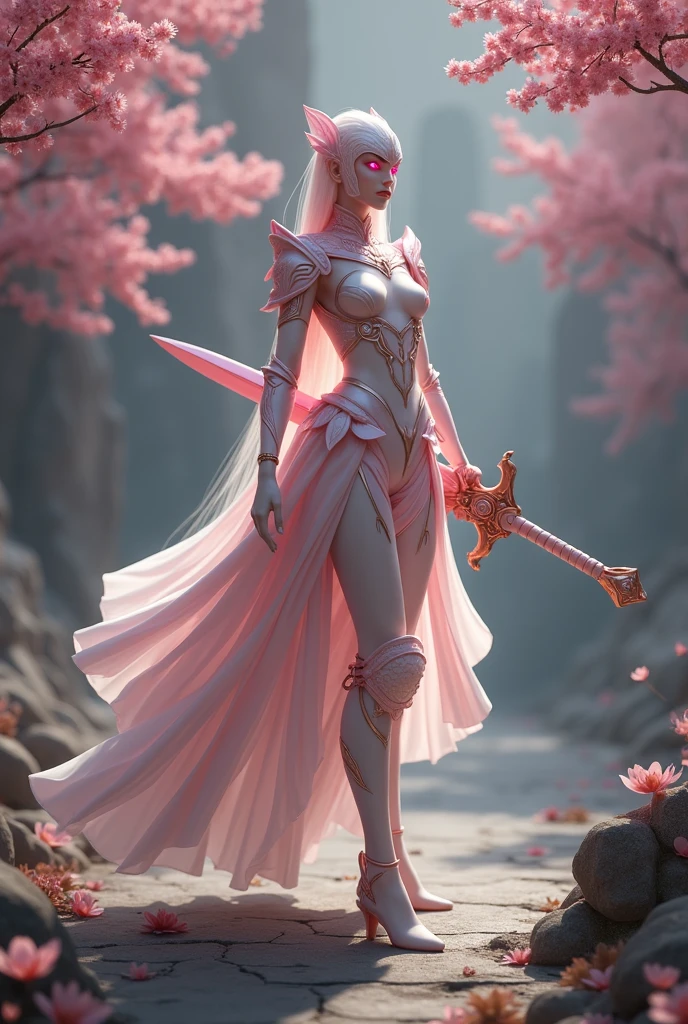Sakurianas Warrior with the Sakura SwordThe tall, elegant warrior from the Sakurianas species is a vision of grace and power. She wears a unique armor made from a material that appears as delicate as Sakura petals but is 100 times stronger than diamond. The armor has a shimmering pink and white color scheme, resembling the natural hues of cherry blossoms. Intricate patterns of blooming Sakura flowers adorn the chest plate and shoulder guards, giving the armor an organic and fluid appearance. Her helmet, with a visor shaped like overlapping petals, completes the look, fitting perfectly to her form. Glowing pink veins of energy run through the armor, reflecting the regenerative and powerful nature of the wearer.In the warrior's hand is the Sakura Sword. This sword features a long, slightly curved blade forged from a pink metallic material that softly glows with a delicate aura. The blade is engraved with subtle designs of Sakura branches, which shimmer in shades of pink and gold as light hits it. The hilt is wrapped in pearl-white leather, adorned with rose gold accents, and at the base of the hilt, a small Sakura flower carved from rose quartz adds a final touch of elegance. The minimalist guard of the sword, decorated with small pink crystals, echoes the delicate branches of a cherry blossom tree.