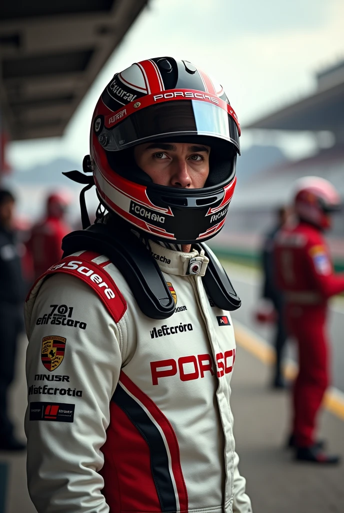 (Photorealism:1.1), Porsche Cup male driver with brown hair and eyes in front of the pitlane 8k ultra realistic  superdetail
