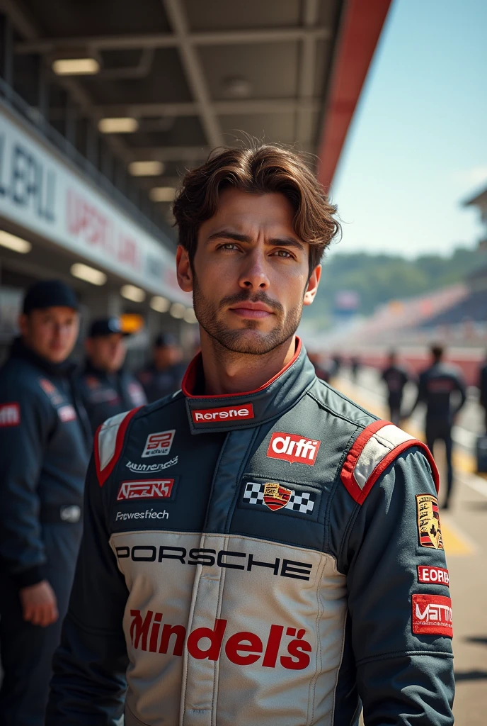 (Photorealism:1.1), Porsche Cup male driver with brown hair and eyes in front of the pitlane 8k ultra realistic superdetail