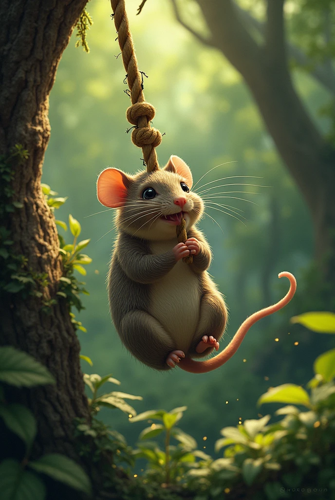 Mouse biting the rope of a net that is attached to a tree until it breaks