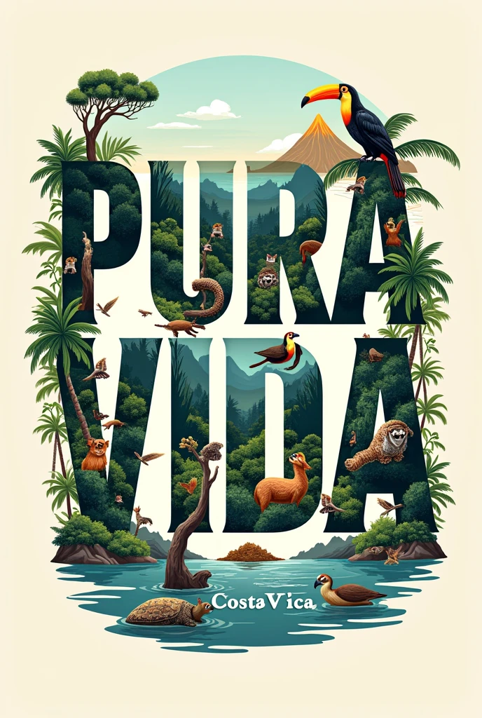 Image to print a shirt that says PURA VIDA but the background of the letter is landscapes and animals representative of Costa Rica and below in a thinner and smaller letter that says Costa Rica( Landscapes and animals must be within the letters that say pure life, They can't stand out and have to be real)