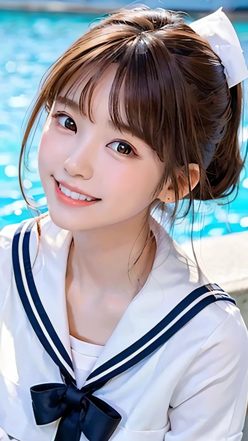 (Highest quality, DSLR, 8k, Top quality, High resolution, Top quality, Top resolution, Very beautiful woman, Perfect anatomy), Light brown eyes, Very light brown eyes, Small diamond-shaped earrings, Looking directly at the camera, Beautiful brown hair, ((, loose and cute medium ponytail)), Very short and beautiful bangs with brown hair, E-cup bust, Not showing décolletage, Very beautiful 20-year-old, Lip gloss, Smiling very happily, Very cute smile, Upper teeth, Beautiful teeth, (Random summer sea or pool horizon (background only), Slightly larger eyes, Small face, Tall supermodel, Beautifully toned model, Random cute poses, Dynamic angle, Eye focus, Head tilt, Very detailed and realistic, Very beautiful 20-year-old, ((Medium Shot)), Sharp jawline, ((White-based sailor suit, Navy or black ribbon)), Deep waistline, Sexy legs, Side view, Smiling very happily, Laughing, Summer noon