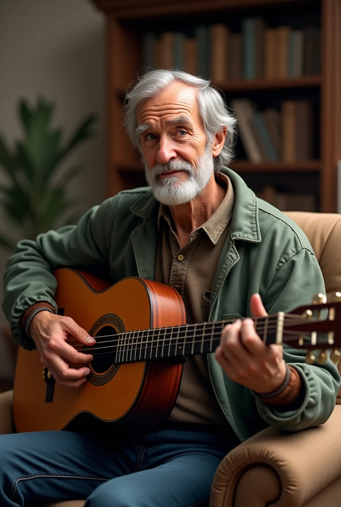 Not very old man, with little beard, sitting in the living room with guitar Maximum realistic image