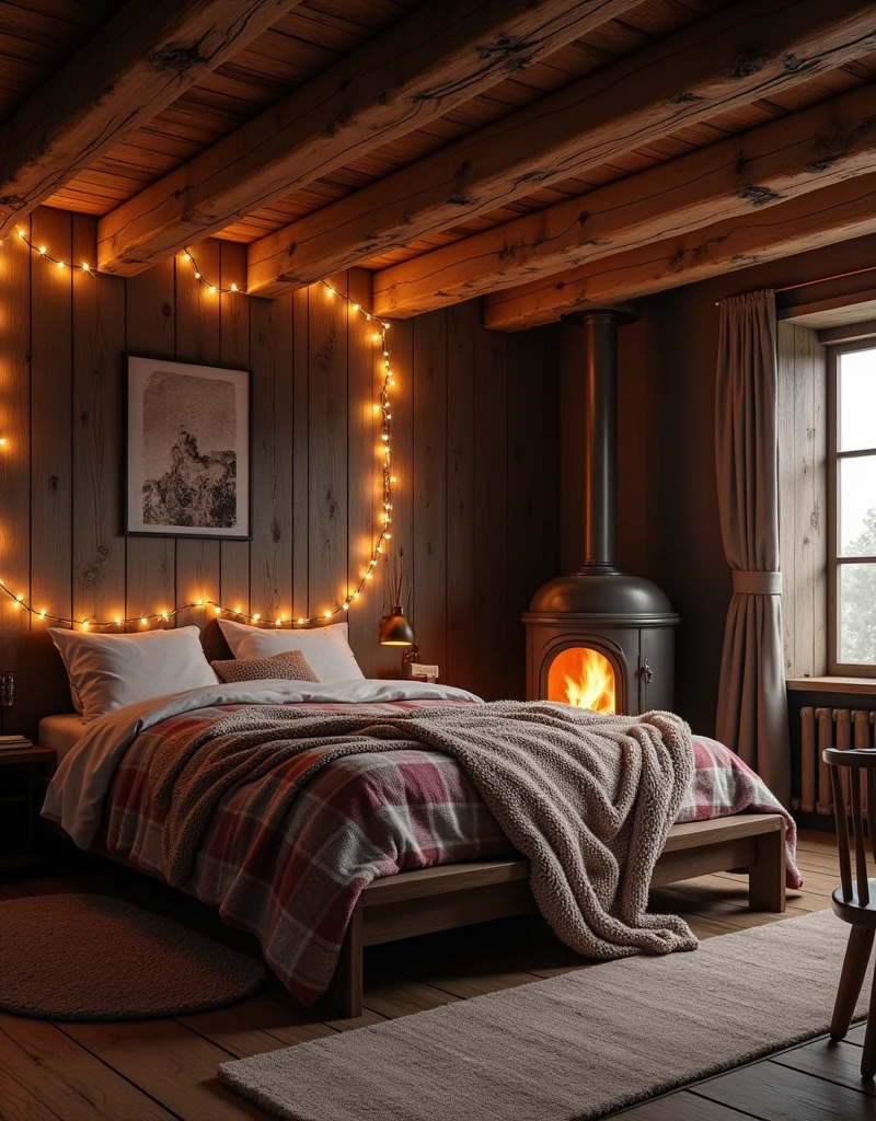 Transition to a cozy, rustic bedroom with dark wooden walls and a vintage feel. The room has a queen-sized bed with a plaid blanket, surrounded by warm, golden fairy lights strung along the ceiling beams. A soft rug lies by the bedside, and there's a crackling fireplace casting a soft glow, adding warmth and coziness to the room.