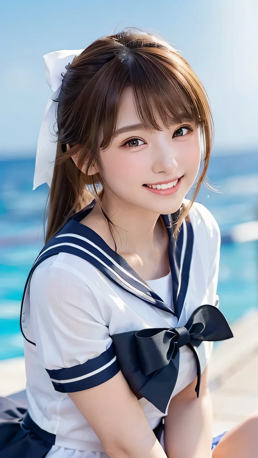(Highest quality, DSLR, 8k, Top quality, High resolution, Top quality, Top resolution, Very beautiful woman, Perfect anatomy), Light brown eyes, Very light brown eyes, Small diamond-shaped earrings, Looking directly at the camera, Beautiful brown hair, ((Baby face, loose and cute medium ponytail)), Very short and beautiful bangs with brown hair, E-cup bust, Not showing décolletage, Very beautiful 20-year-old, Lip gloss, Smiling very happily, Very cute smile, Upper teeth, Beautiful teeth, (Random summer sea or pool horizon (background only), Slightly larger eyes, Small face, Tall supermodel, Beautifully toned model, Random cute poses, Dynamic angle, Eye focus, Head tilt, Very detailed and realistic, Very beautiful 20-year-old, ((Medium Shot)), Sharp jawline, ((White-based sailor suit, Navy or black ribbon)), Deep waistline, Sexy legs, Side view, Smiling very happily, Laughing, Summer noon