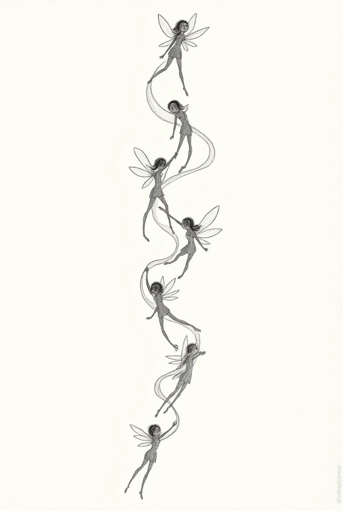 several fairies intertwined forming a column, the drawing is made of contours and in black and white so that we can color the image later. 