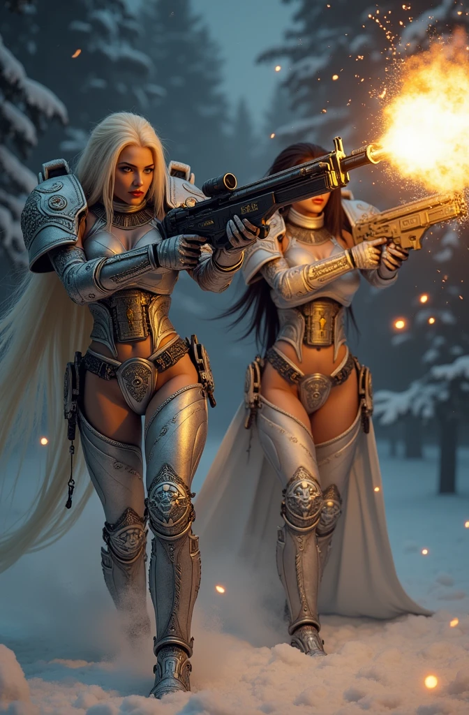 a beautiful woman with long platinum blonde hair, porcelain skin, ice blue eyes, large breast, a beautiful woman with long black hair, porcelain skin, ice blue eyes, large breast, sexy sisters of battle from the warhammer 40k, shooting at the enemy, White space marine armor with intricate details, Black space marine armor with intricate details,religous symbols on the armor, sisters of battle, warhammer 40k, Massive silicone breast, pale skin, seductive, temptation, eat your soul, clevage, , standing in a magical winter wonderland with snow-covered trees and frozen lakes, intricate ice crystals and snowflakes surrounding her, (best quality,4k,8k,highres,masterpiece:1.2),ultra-detailed,(realistic,photorealistic,photo-realistic:1.37),fantasy,digital art,cinematic lighting, highly detailed armor, intricate futuristic weaponry, gritty and realistic, mecha, science fiction, hyper-detailed, photorealistic, award winning digital art, 8k, HDR, masters work, in the middle of a battle field, full body combat action pose, explosions and fire around, full war, charging, running forward, attacking, stunning, Stilleto heels, high heels, full body pose, cinematic, dust and debree, combat screams, attacking, shooting at the enemy, sisters of battle, warhammer 40kdramatic color palette,frozen landscape,ice powers,snow queen
