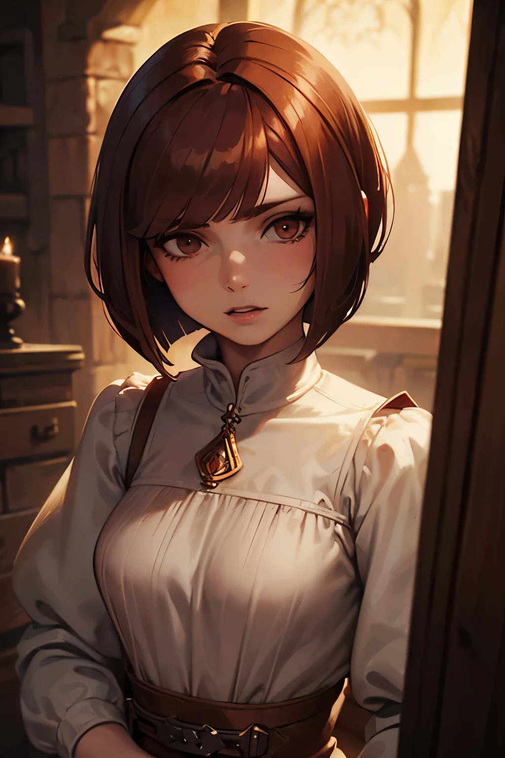 medieval servant girl, (modest dress: 1.2), slim build, (reddish-brown hair cut in bob hairstyle: 1.5), (full lips: 1.2), (frightened: 1.2), (dimly-lit medeival study: 1.2)
