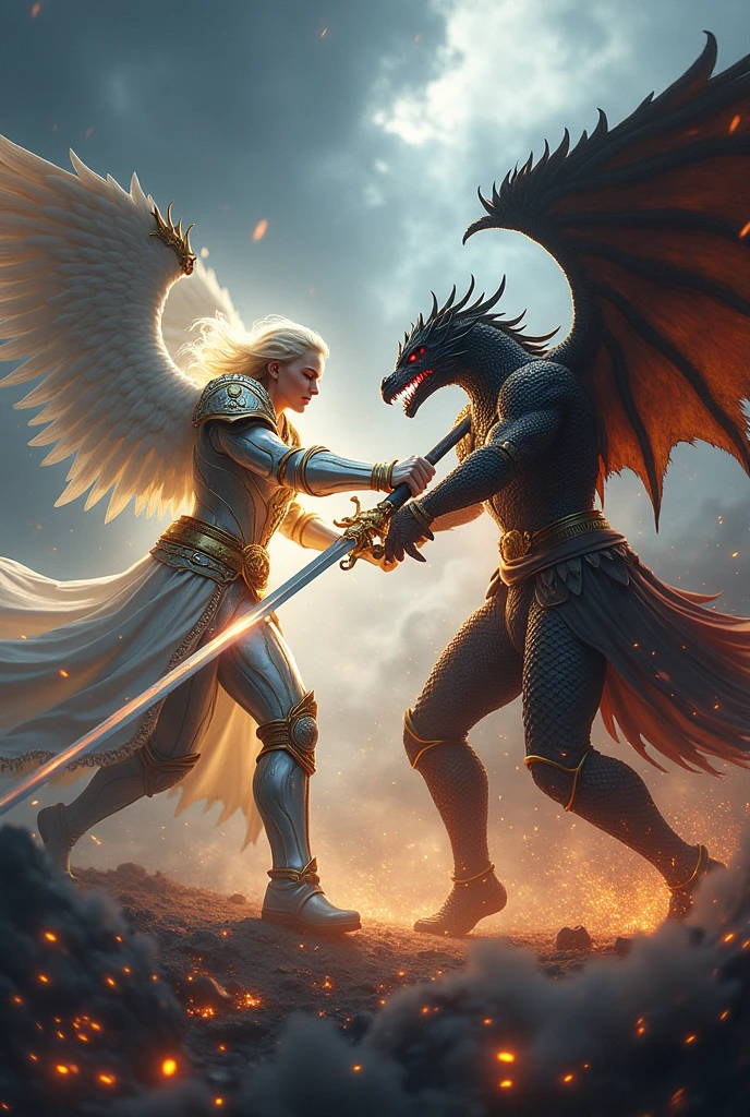 of a fight, of a heavenly warrior, in white armor with gold details and a long sword and angel wings. against a dark warrior in dragon armor with a long, dark sword, and with dragon wings on the back and red eyes: