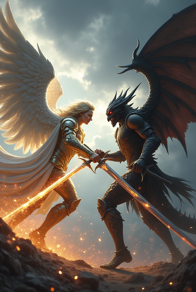 of a fight, of a heavenly warrior, in white armor with gold details and a long sword and angel wings. against a dark warrior in dragon armor with a long, dark sword, and with dragon wings on the back and red eyes: