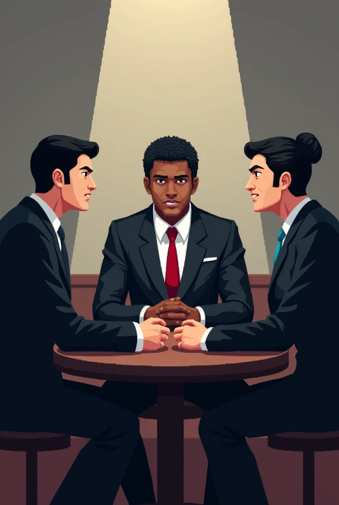 Three men in black suits are sitting around a round table, in a meeting room. The table, made of dark wood, is at the center of the scene, with a man sitting on the left, another in the center and the third on the right. The man on the left has fair skin, slanted eyes and Asian features. your hair is black, short and smooth, and he wears a black suit with a white tie. His expression is serious and concentrated.
The man sitting in the center of the table, facing the observer of the scene, has dark skin and brown-Latin features. he has black hair, short and slightly curly. He is wearing a black suit with a red tie and has his hands clasped on the table., looking closely at the other two men, as if reflecting on what is being discussed.
To the right of the table is the third man, with fair skin and black hair, far away, tied in a bun on top of the head, with some loose threads. He wears a black suit with a blue tie and has a slight smiling expression., as if speaking or arguing something.
The lighting of the scene is soft, with a light coming from above, creating delicate shadows behind each man and over the table. THE BACKGROUND IS SIMPLE, with a neutral colored wall, suggesting an office environment without much decoration. The whole scene is depicted in pixel art style, with enough detail to distinguish facial features, the characters' clothes and gestures, maintaining the simplicity typical of this artistic style.